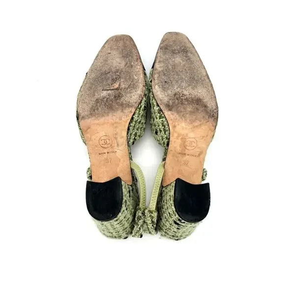 Chanel CC Logo Green Wool Tweed Patent Cap Toe Slingback Heeled Sandals 37 - Picture 6 of 7